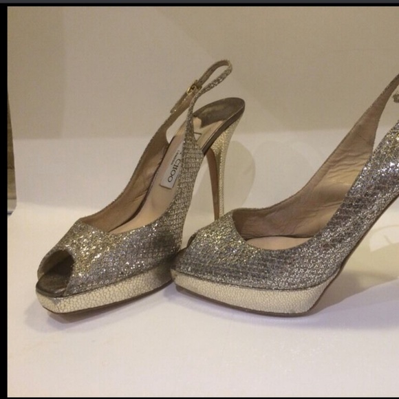Jimmy Choo Clue Silver Glitter‎ Slingback Pump Platform Sandal Shoe [ 38.5 ] - Picture 5 of 14